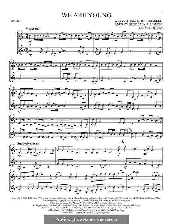 We Are Young: For two violins by Jeff Bhasker, Jack Antonoff, Andrew Dost, Nathaniel Ruess