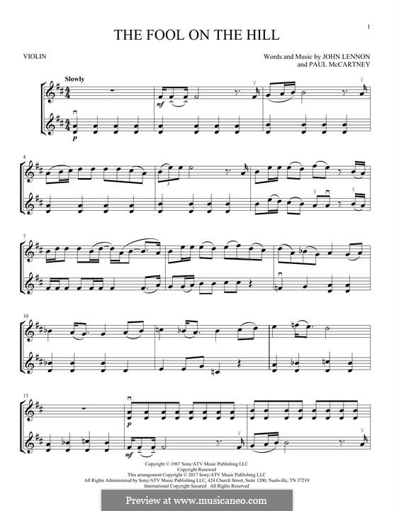 The Fool on the Hill (The Beatles): For two violins by John Lennon, Paul McCartney