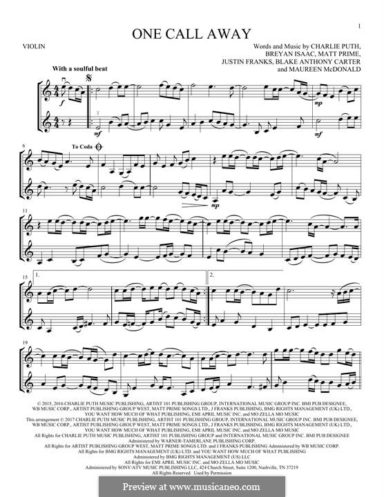 One Call Away: For two violins by Justin Franks, Matthew Prime, Shy Carter, Breyan Isaac, Maureen McDonald, Charlie Puth