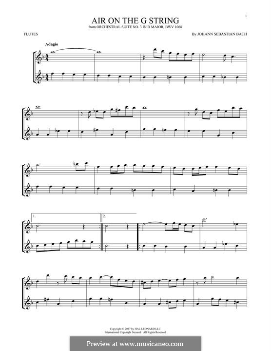 Aria (Printable Scores): Version for two flutes by Johann Sebastian Bach