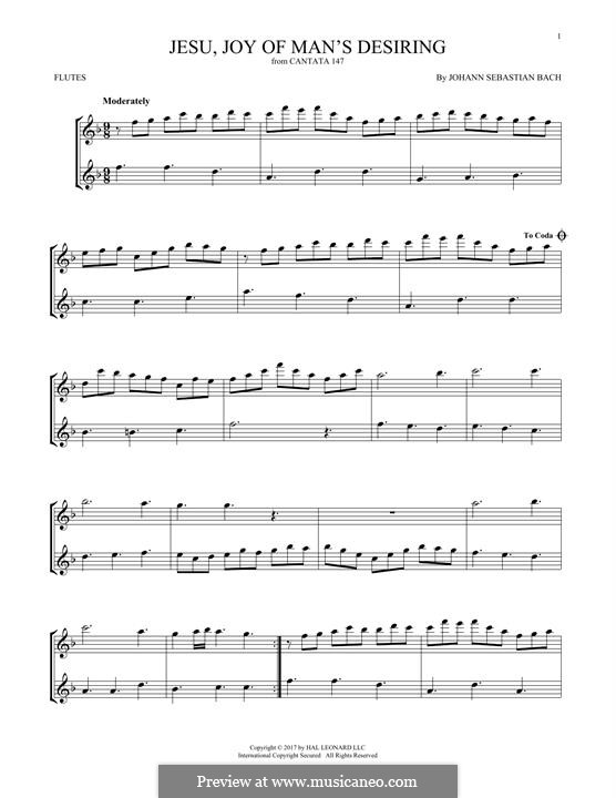 Jesu, Joy of Man's Desiring (Printable Scores): For two flutes by Johann Sebastian Bach