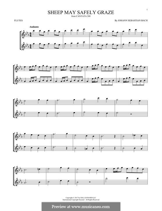 Sheep May Safely Graze (Printable Scores): For two flutes by Johann Sebastian Bach