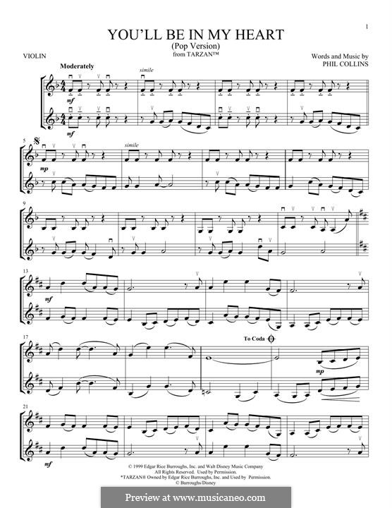 You'll Be in My Heart (from Walt Disney's Tarzan): For two violins by Phil Collins