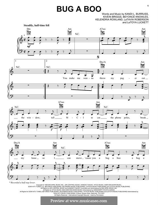 Bug a Boo (Destiny's Child): For voice and piano (or guitar) by Beyoncé, Kandi Burruss, Kelly Rowland, Kevin Briggs, LaTavia Roberson, LeToya Luckett