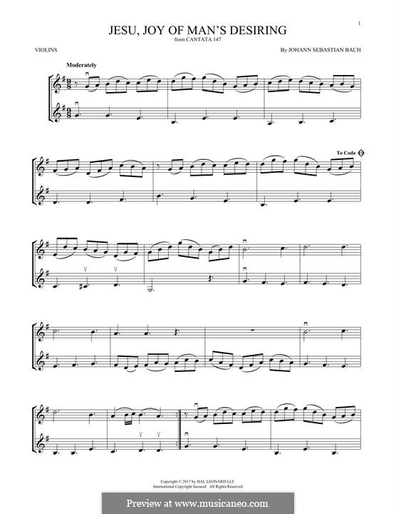 Jesu, Joy of Man's Desiring (Printable Scores): For two violins by Johann Sebastian Bach