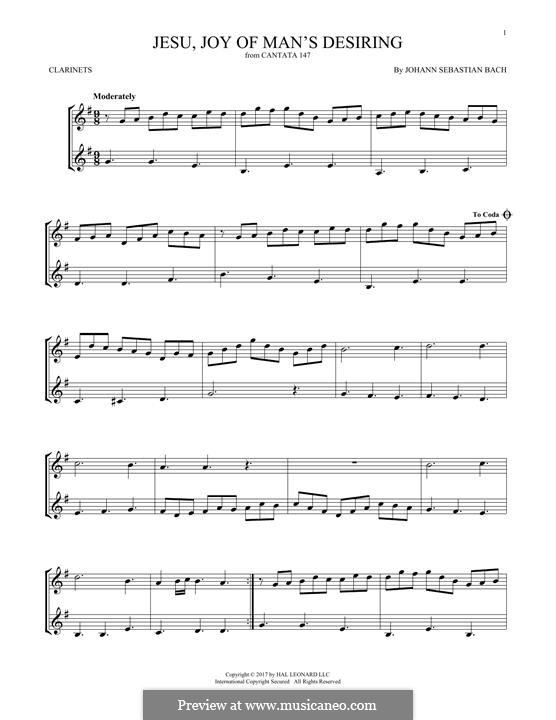 Jesu, Joy of Man's Desiring (Printable Scores): For two clarinets by Johann Sebastian Bach