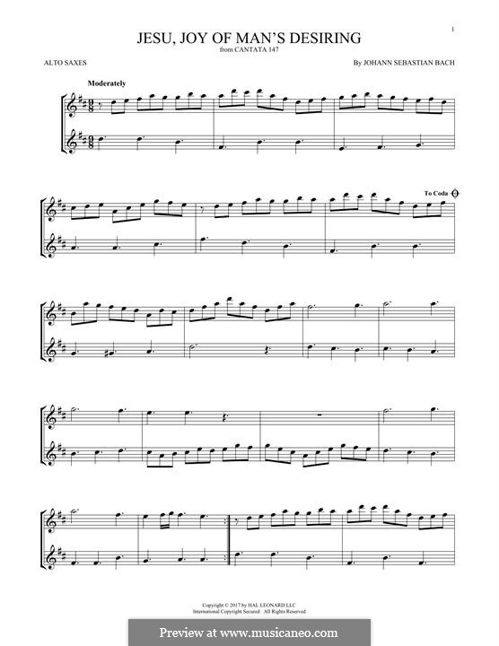 Jesu, Joy of Man's Desiring (Printable Scores): For two alto saxophones by Johann Sebastian Bach