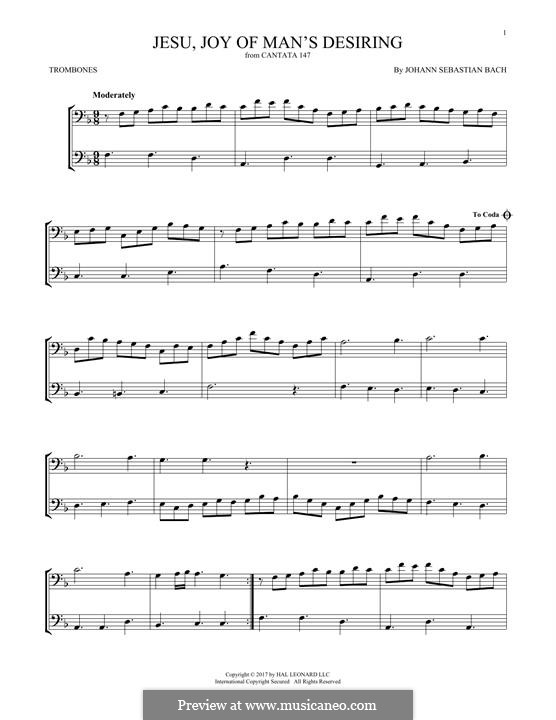 Jesu, Joy of Man's Desiring (Printable Scores): For two trombones by Johann Sebastian Bach