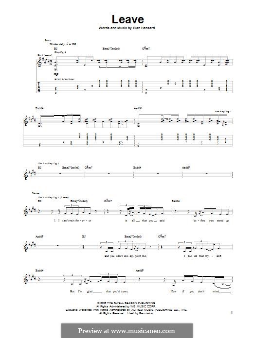 Leave (The Swell Season): For guitar with tab by Glen Hansard