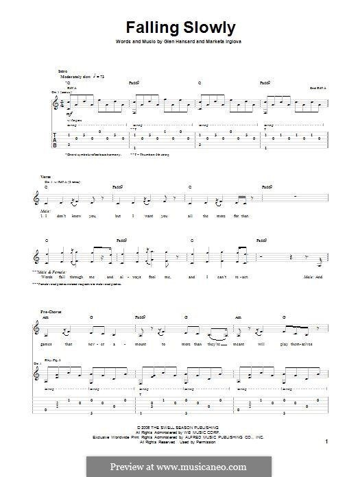 Falling Slowly (from Once): For guitar with tab by Glen Hansard, Marketa Irglová