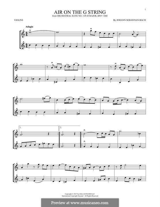 Aria (Printable Scores): Version for two violins by Johann Sebastian Bach