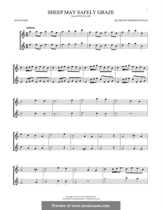 Sheep May Safely Graze (Printable Scores): For two alto saxophones by Johann Sebastian Bach