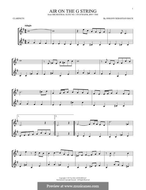Aria (Printable Scores): Version for two clarinets by Johann Sebastian Bach