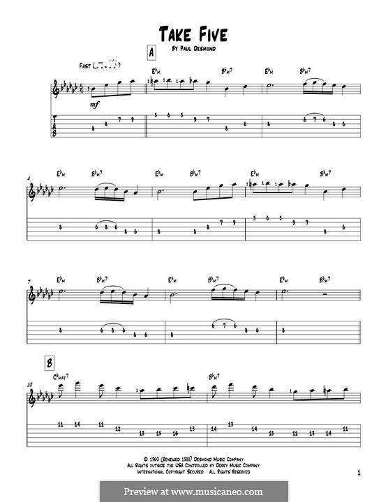 Take Five (Dave Brubeck): For guitar with tab by Paul Desmond