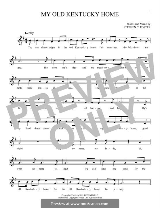 My Old Kentucky Home Good-Night: Melody line by Stephen Collins Foster