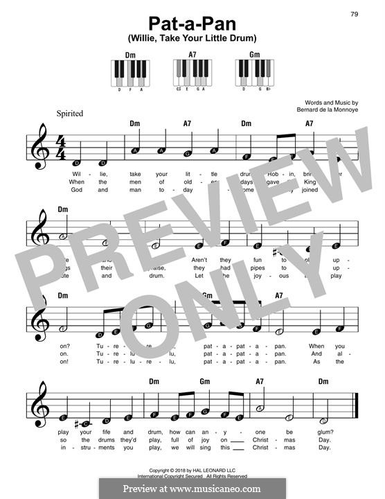 Pat-a-Pan (Willie, Take Your Little Drum): For easy piano by Bernard de la Monnoye