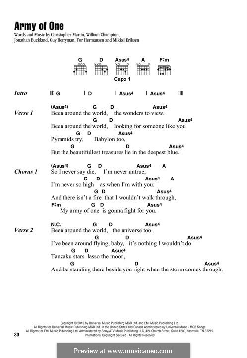 Army of One (Coldplay): Lyrics and chords by Chris Martin, Guy Berryman, Jonny Buckland, Mikkel Storleer Eriksen, Will Champion