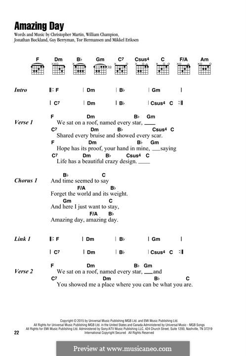 Amazing Day (Coldplay): Lyrics and chords by Chris Martin, Guy Berryman, Jonny Buckland, Mikkel Storleer Eriksen, Will Champion