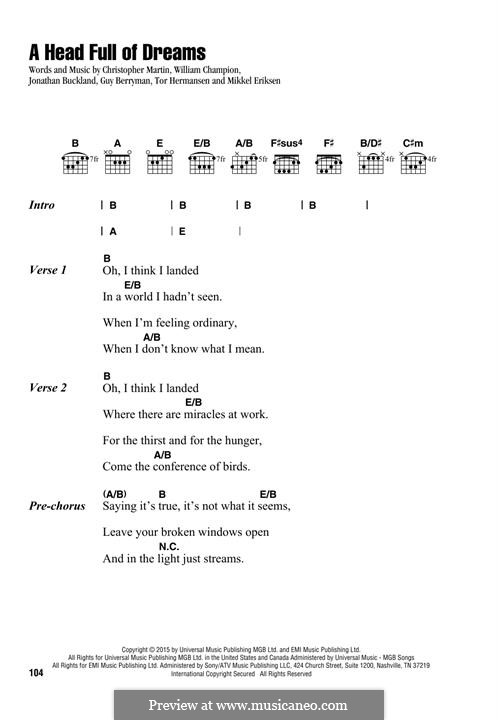 A Head Full of Dreams (Coldplay): Lyrics and chords by Chris Martin, Guy Berryman, Jonny Buckland, Mikkel Storleer Eriksen, Will Champion
