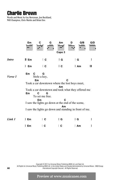 Charlie Brown (Coldplay): Lyrics and chords by Brian Eno, Chris Martin, Guy Berryman, Jonny Buckland, Will Champion