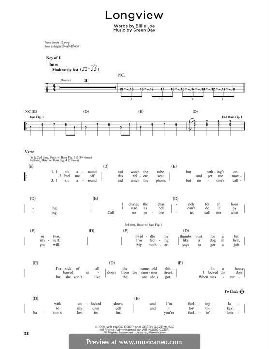 Longview (Green Day): Melody line by Billie Joe Armstrong, Tré Cool, Michael Pritchard