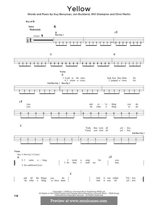 Yellow (Coldplay): Lyrics and chords by Chris Martin, Guy Berryman, Jonny Buckland, Will Champion