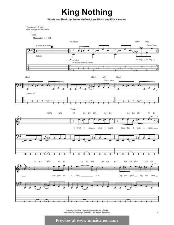 King Nothing (Metallica): For bass guitar with tab by James Hetfield, Kirk Hammett, Lars Ulrich