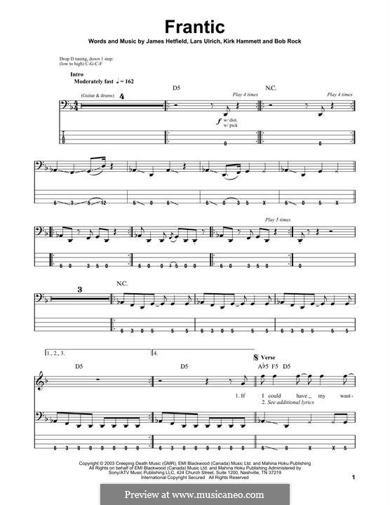 Frantic (Metallica): For bass guitar with tab by Bob Rock, James Hetfield, Kirk Hammett, Lars Ulrich