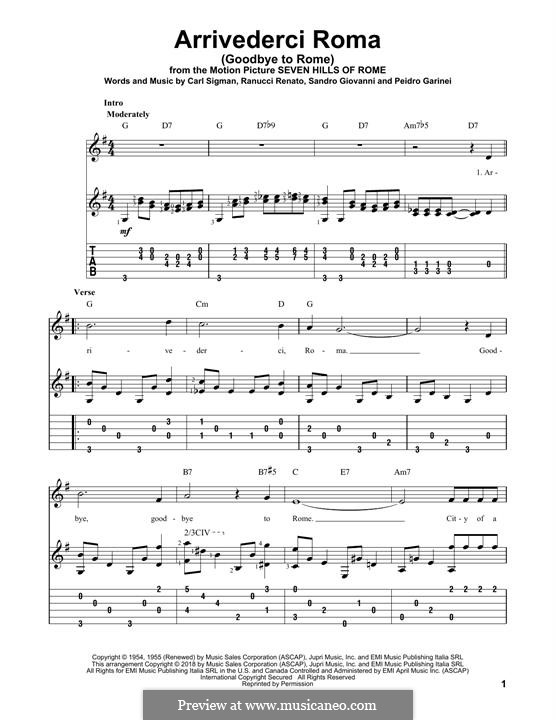 Arrivederci Roma (Goodbye to Rome): For guitar with tab by Carl Sigman, Pietro Garinei, Renato Rascel, Sandro Giovannini
