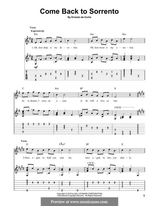 Torna a Surriento: For guitar with tab by Ernesto de Curtis