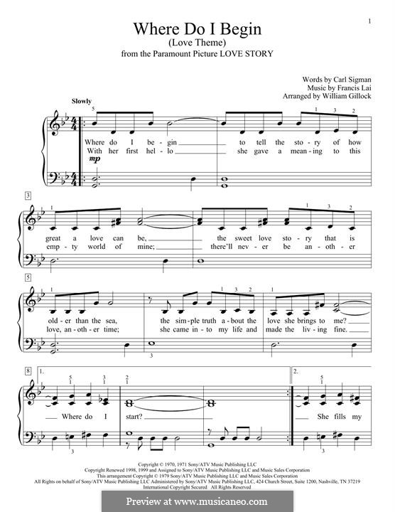 Where Do I Begin (Theme from Love Story): For easy piano by Francis Lai