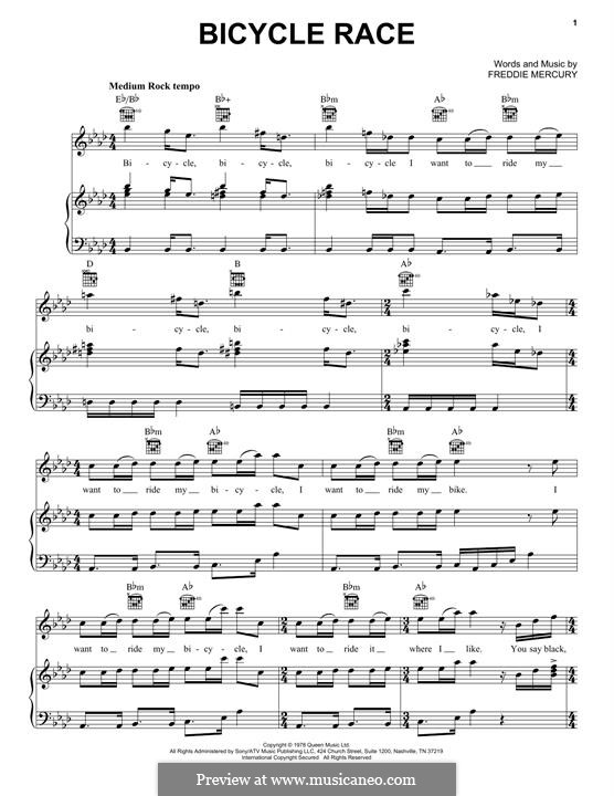 Bicycle Race (Queen): For voice and piano (or guitar) by Freddie Mercury