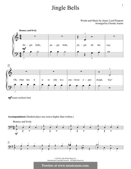 Piano version (printable scores): Easy notes by James Lord Pierpont