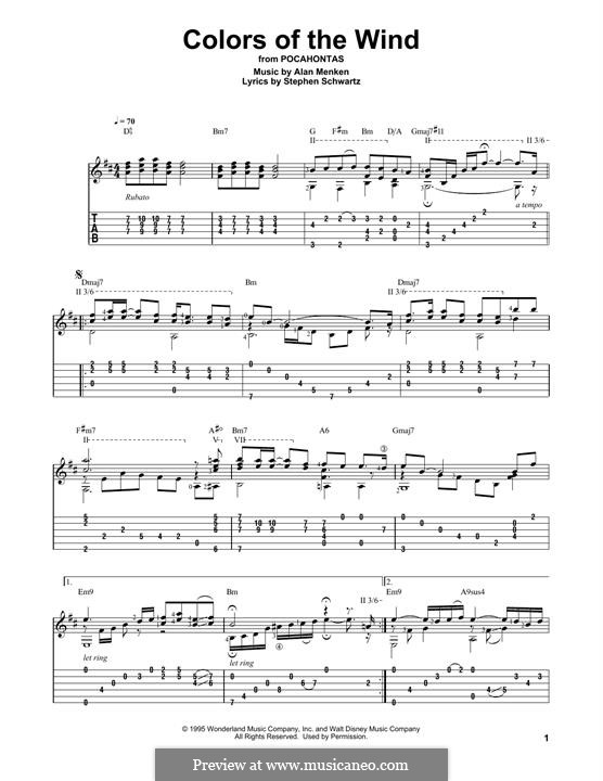 Colors of the Wind (from Pocahontas): For guitar with tab by Alan Menken