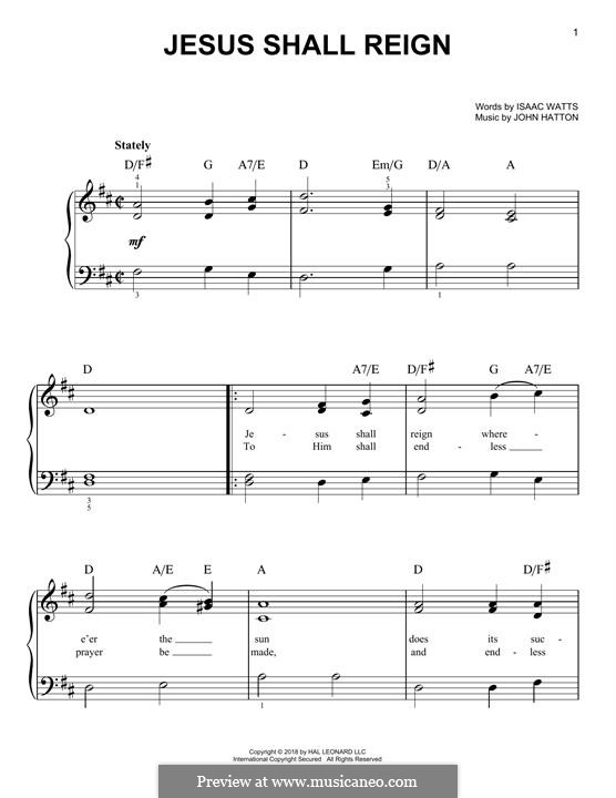 Jesus Shall Reign (Where'er The Sun): For piano by John Liptrot Hatton