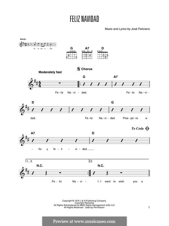 Feliz Navidad: For guitar chords with lyrics by José Feliciano