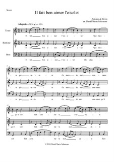 Il fait bon aimer l'oiselet: For tenor baritone bass (in C) by Antonie de Fevin