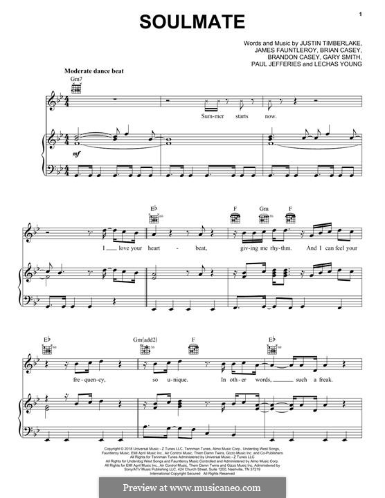 SoulMate (Justin Timberlake): For voice and piano (or guitar) by Brandon D. Casey, Brian D. Casey, James Fauntleroy II, Justin Timberlake, Anthony Paul Jefferies, Gary Smith, Lechas Young