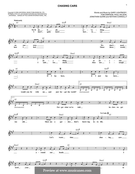 Chasing Cars (Snow Patrol): Melody line by Gary Lightbody, Jonathan Quinn, Nathan Connolly, Paul Wilson, Tom Simpson