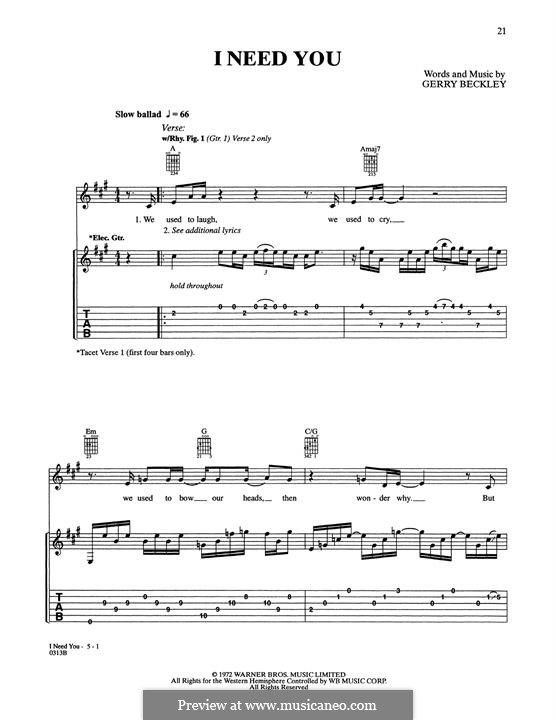 I Need You (America): For guitar with tab by Gerald Beckley