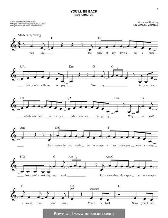 You'll Be Back (from 'Hamilton'): Melody line by Lin-Manuel Miranda