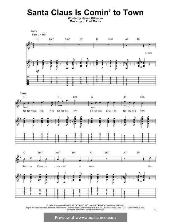 Santa Claus is Comin' to Town: For guitar with tab by J. Fred Coots