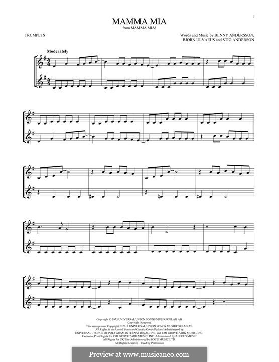 Mamma Mia (ABBA): For two trumpets by Benny Andersson, Björn Ulvaeus, Stig Anderson