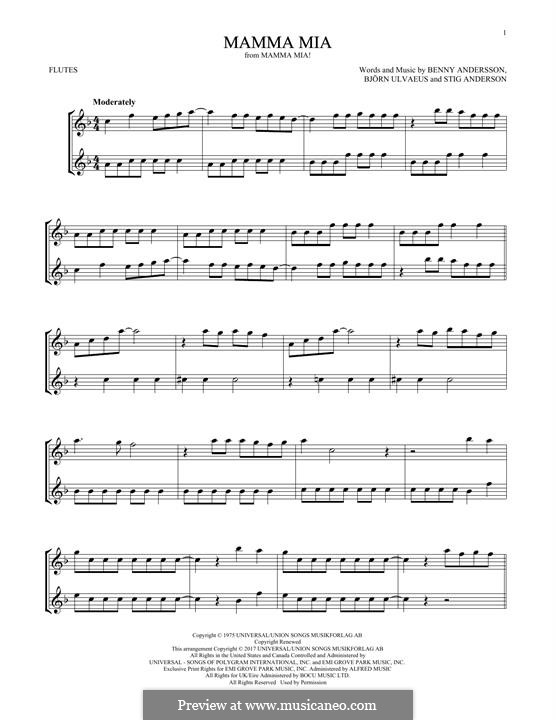 Mamma Mia (ABBA): For two flutes by Benny Andersson, Björn Ulvaeus, Stig Anderson