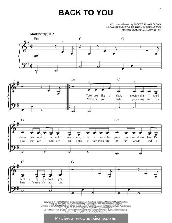 Back To You (from 13 Reasons Why): For piano by Selena Gomez, Micah Premnath, Amy Allen, Diederik Van Elsas, Parrish Warrington
