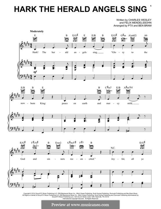 Vocal version: For voice and piano or guitar (Pentatonix) by Felix Mendelssohn-Bartholdy
