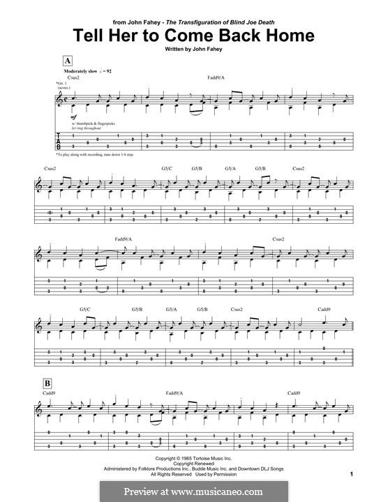 Tell Her To Come Back Home: For guitar with tab by John Fahey