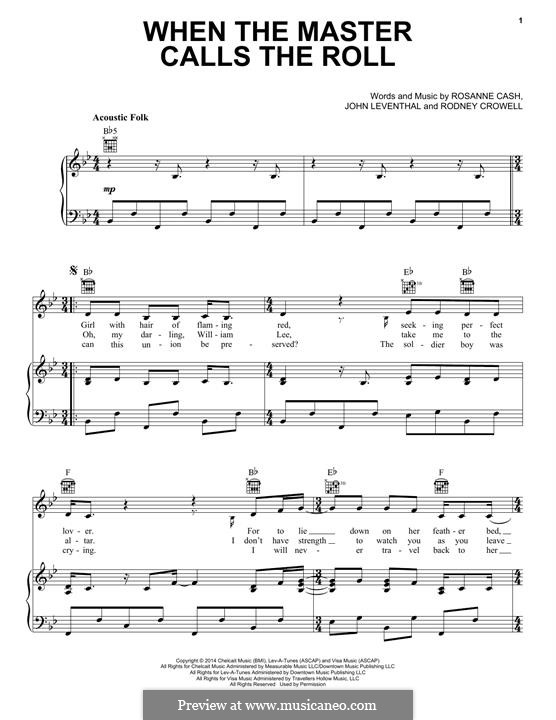When the Master Calls the Roll: For voice and piano (or guitar) by John Leventhal, Rodney Crowell, Rosanne Cash