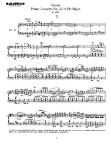 Concerto for Piano and Orchestra No.22 in E Flat Major, K.482: Arrangement for two pianos four hands by Wolfgang Amadeus Mozart