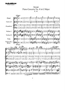 Concerto for Piano and Orchestra No.4 in G Major, K.41: Full score by Wolfgang Amadeus Mozart